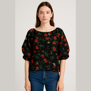 Gibson Latimer Black Top with Floral Accents Hummingbirds puff sleeve